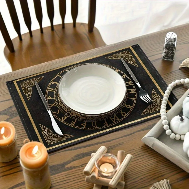 Black and Gold Placemats Set of 4 with Viking Tree of Life and Rune Design Linen Table Mats for Kitchen Dining Decor