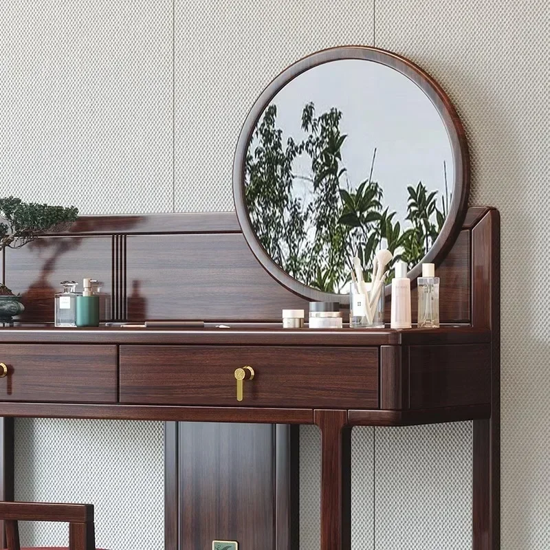 New Chinese Style Solid Wood Dresser Simple round Mirror Dressing Stool Combination Drawer Storage Cabinet