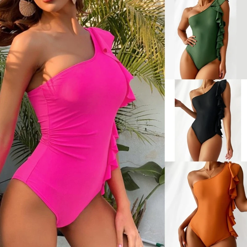 

2024 New One Shoulder Swimsuits for Womens High Waisted-Tummy Control-Swimwear Bathing Suits Solid Color One Piece Swimsuits