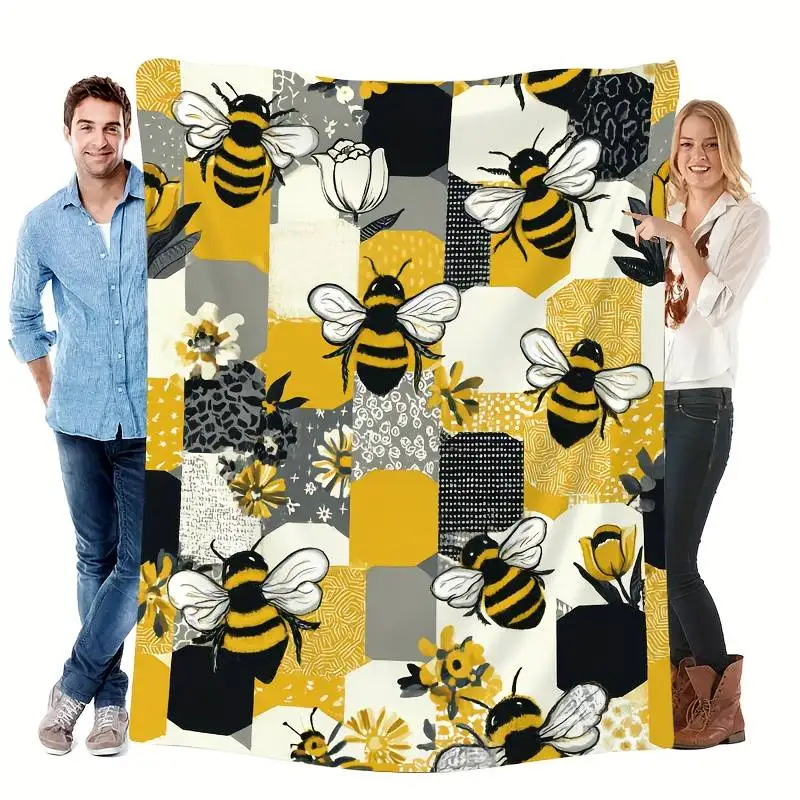 

Cheerful Bee & Floral Patchwork Throw Blanket, Soft Cozy Flannel Blanket for Couch Sofa Bed, Nature & Bee Lover Gift