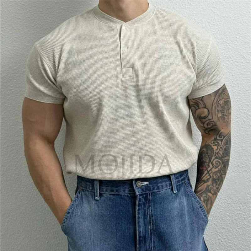 Polo masculino com botões de waffle, top de manga curta, algodão, solto, coreano, tendência simples, moda versátil, luxo, sólido, verão, novo