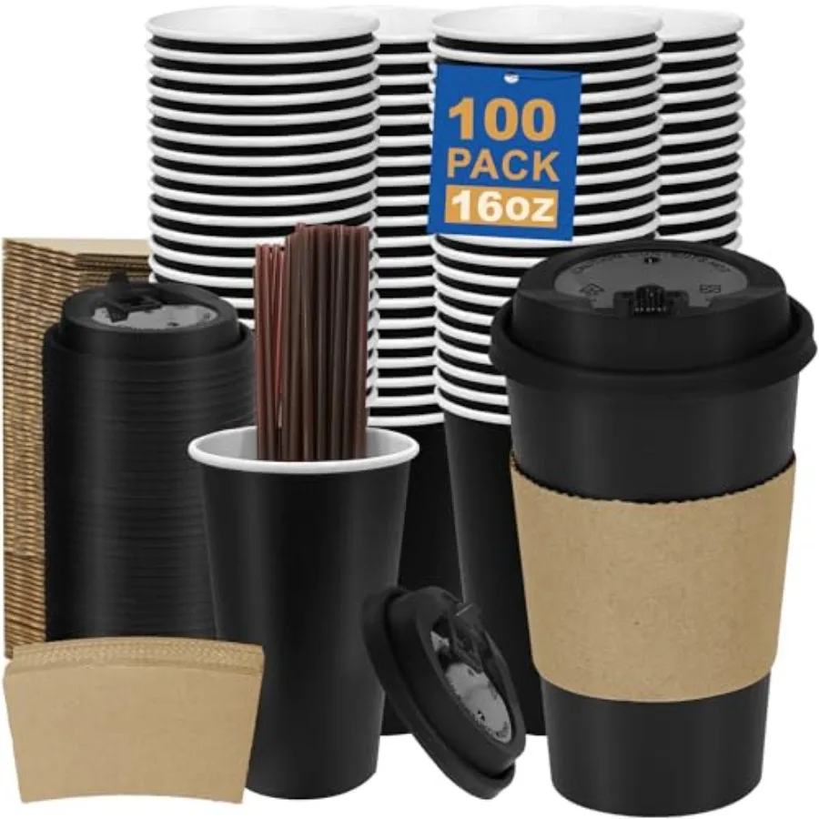 

16 oz 100 Pack with Lids and Sleeves, Straws, Hot Disposable To Go Travel Paper Cups Bulk for Office, Home Coffee Bar Accories,