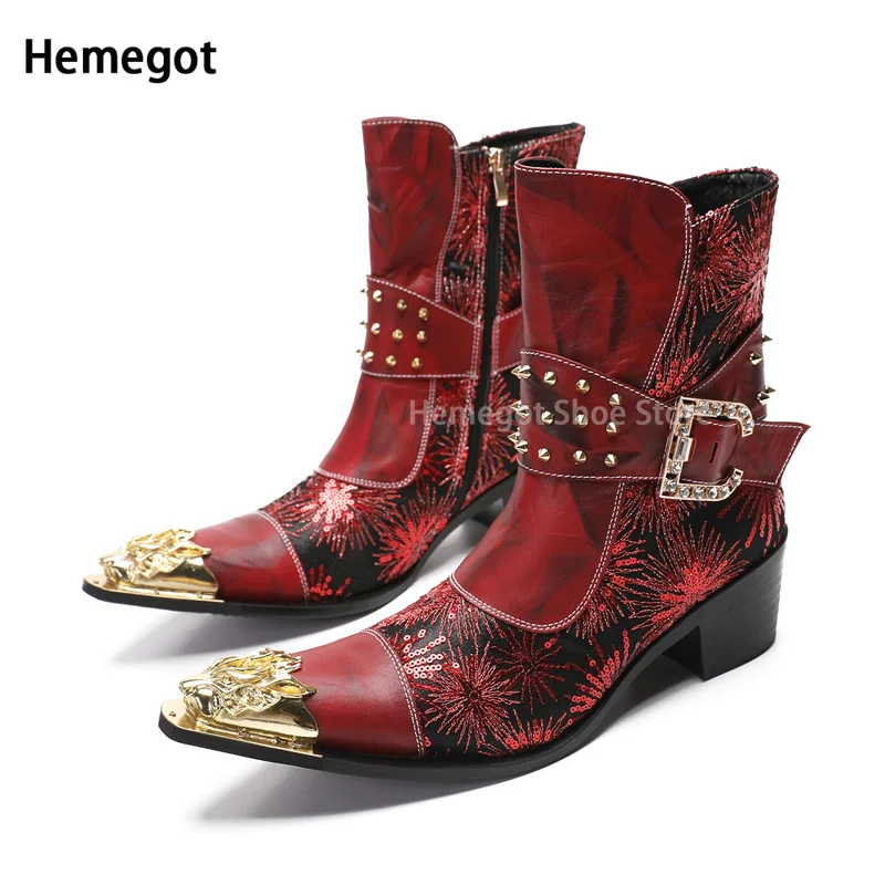 Blue Graffiti Sequin Design Brogue Boots Iron Pointed Toe Mid-Calf Design Fashionable Side Zipper Leather Boots Party Shoes