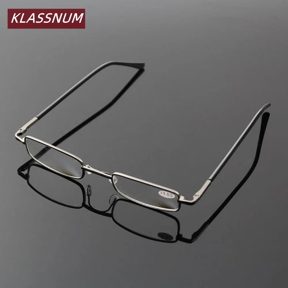 KLASSNUM Portable Rectangular Metal Reading Glasses Pocket Sized Comfortable Eyewear for Women Men Computer Eyeglasses 1.0-4.0