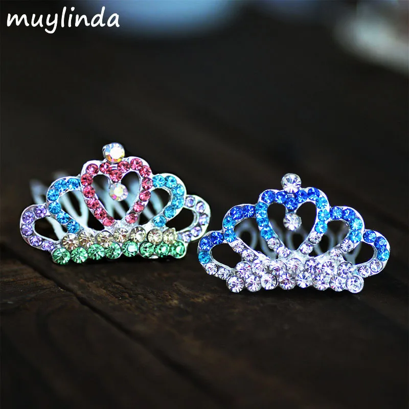 Colorful Rhinestone Metal Mini Crown Hair Combs For Girls Fashion Flower Girl Party Hairs Tiara Headwear Accessories