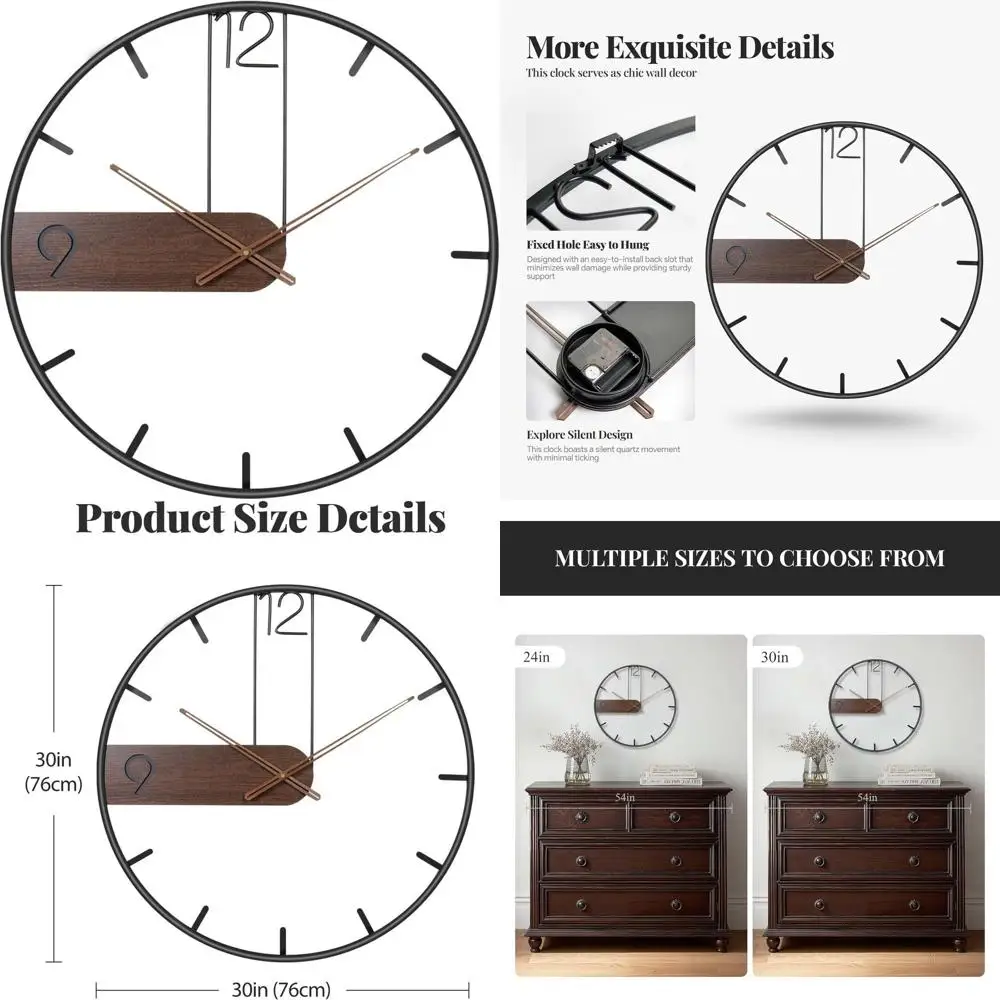 

30 Inch Modern Silent Wall Clock with Walnut Dial, Arabic Numerals for Home Decor