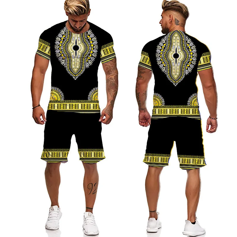 Summer African Ethnic Style Print Men\'s T Shirt+Shorts 2PCS Outfits Casual Shorts Sets 3D Oversized Man Clothes O-Neck Tracksuit