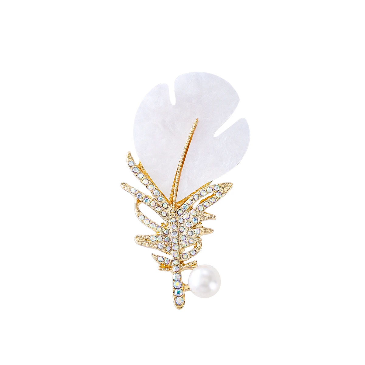 Weiman Gold Mother Pearl Feather Brooch Shiny Rhinestone Leaf Pearl Pin Women Wedding Party Dress Jewelry Gift