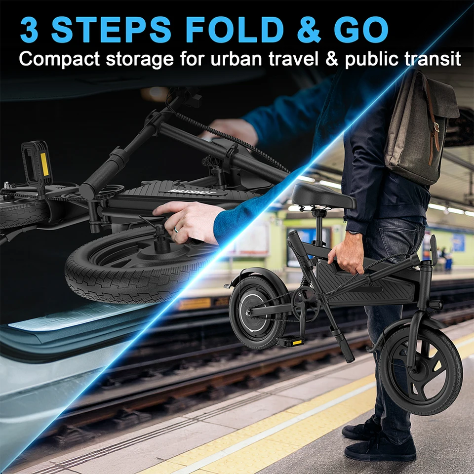14'' Foldable Ebike 350W Brushless Motor 48V 9Ah Battery Electric Bicycle 22MPH Max Speed 28Miles Long Range for Adult image 7