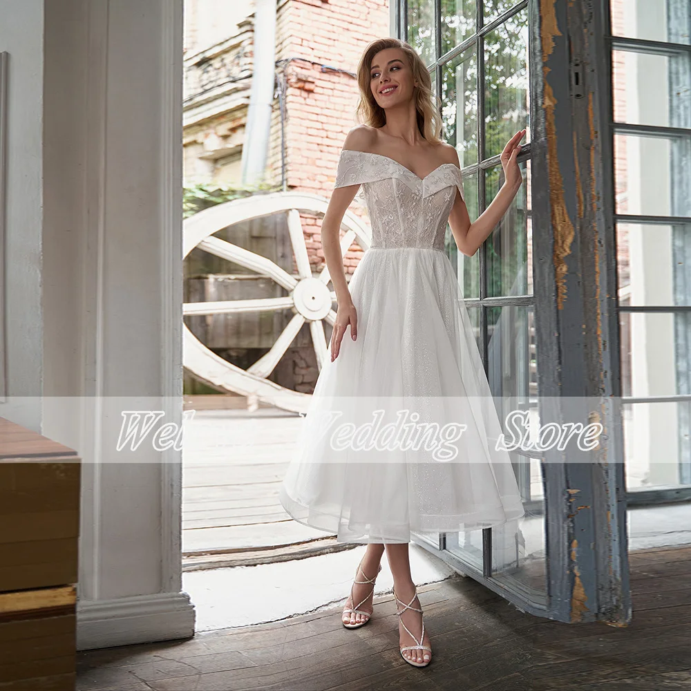 Vestidos de Noche de compromiso cortos elegantes para novia, vestido de novia Formal de satén sin tirantes, una línea de té blanco, corsé largo