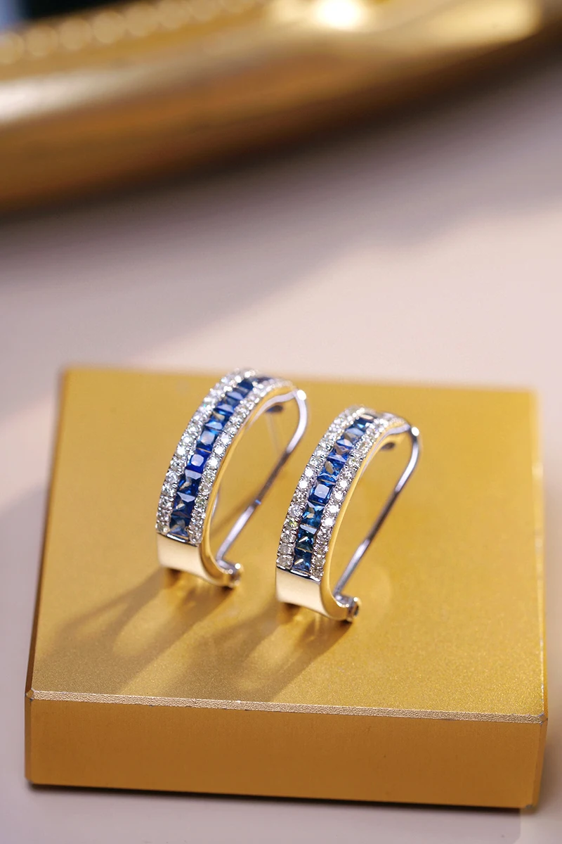 LUOWEND 100% 18K White Gold Earrings Fashion INS Style Natural Sapphire Hoop Earrings for Women Wedding Luxury Diamond Jewelry