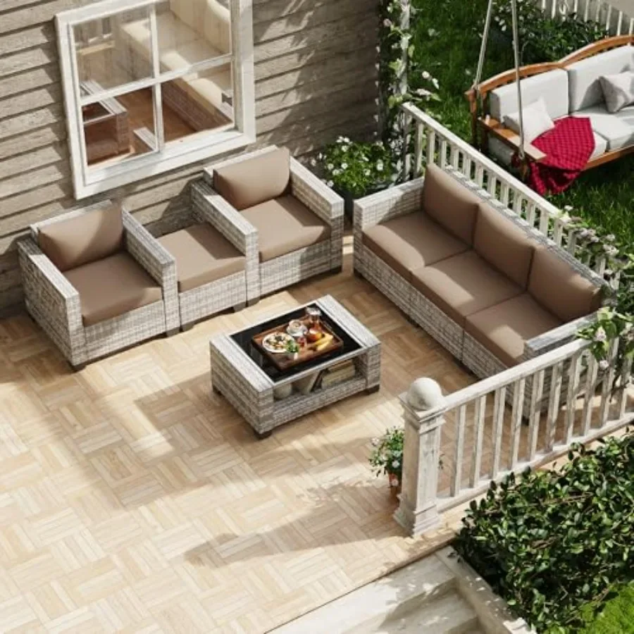 Patio Furniture Set 7 PCS Patio Conversation Sets, All-Weather PE Rattan Outdoor Sectional Sofa with Cushion and 2- Tier Glass