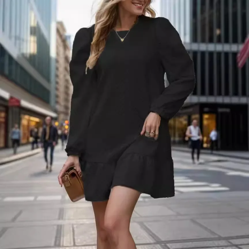 

Women's New Autumn and Winter Fashion Loose Dress, Solid Color Jacquard Round Neck Long Sleeve Hoodie Dress for Women Vestidos