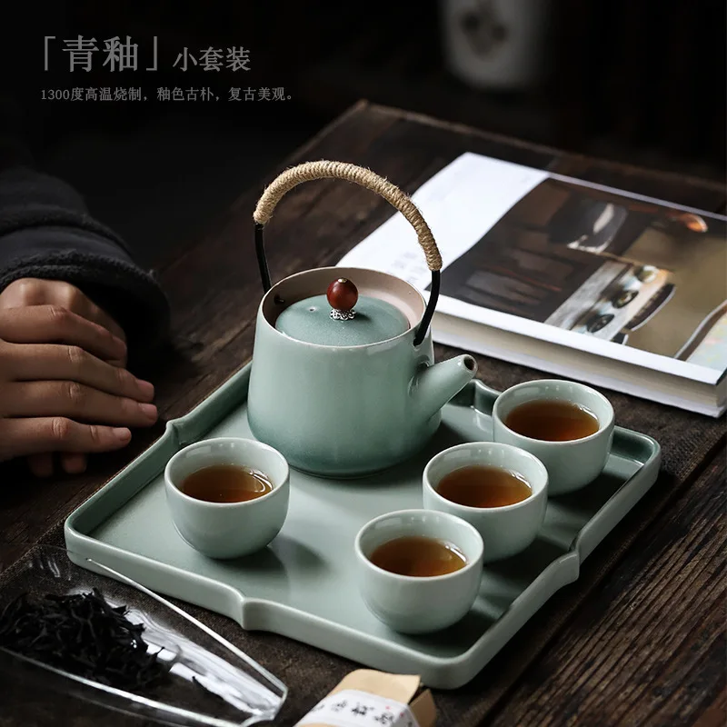 

Ceramic Kung Fu Tea Small Set Household with Tray Teapot Azure Simple Tea Set Complete Set of Tea Gifts