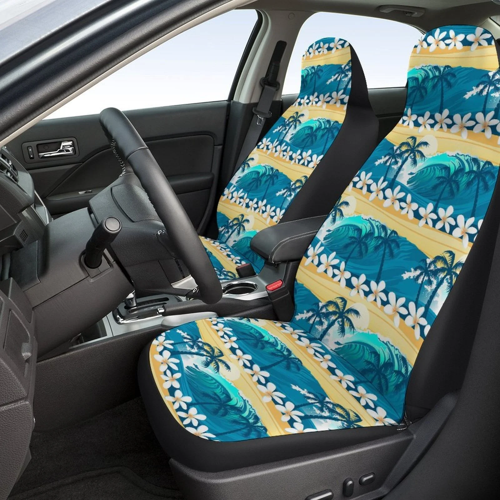 

2pcs Of Breathable And Non-Slip Car Front Covers With A Casual Flower Coconut Tree Design.