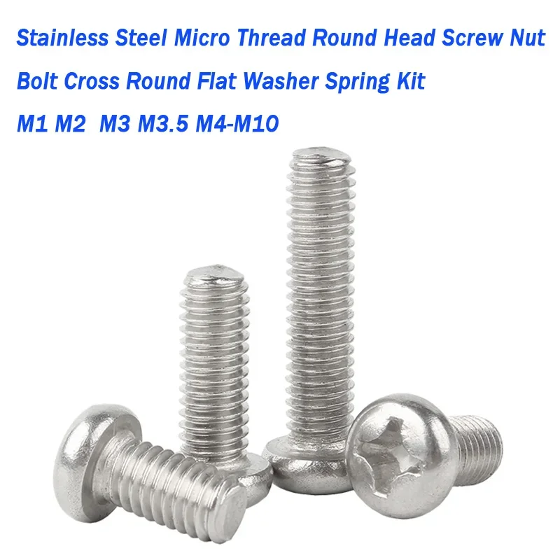 M1 M2  M3 M3.5-M10 Stainless Steel Micro Thread Round Head Screw Nut Bolt Cross Round Flat Washer Spring Kit 2/5/10/20/50PCS