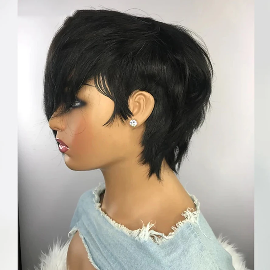 Black Color Glueless Short Human Full Wigs With Bangs Non Lace Brazilian Hair Pixie Cut Wig For Black Women