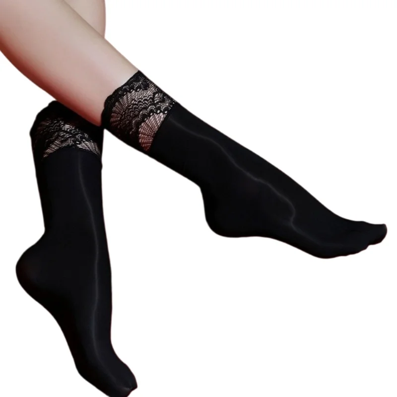 Women's Sexy Short Socks Lace Splicing Aurora Mid-Calf Stockings Oil Shiny Gossy Ultra-Thin Elastic Breathable Dress Socks
