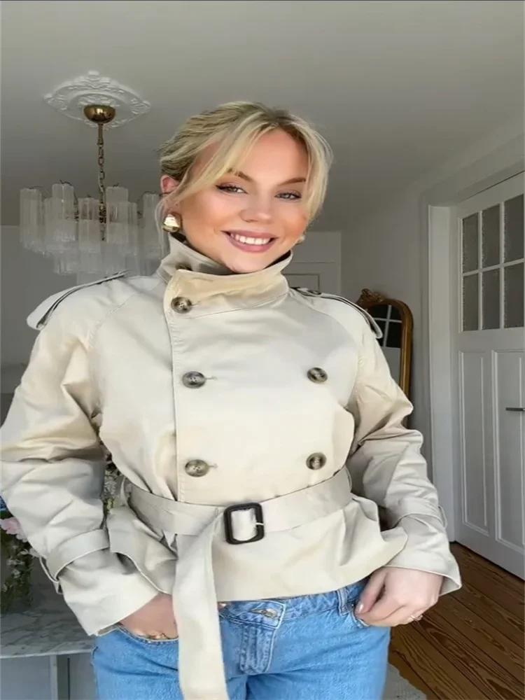 

Short Trench Coats Women With Belt Turtleneck Double Breasted Full Sleeves Jackets Female Spring Chic Lady Commute Outwears
