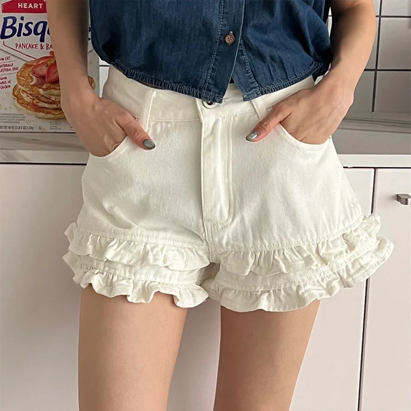 Dames Wit Zwart Jeans Shorts Ruches Randen Y2K Japanse Harajuku Jaren 2000 Stijl High Street Fashion Retro Shorts Jeans Kleding