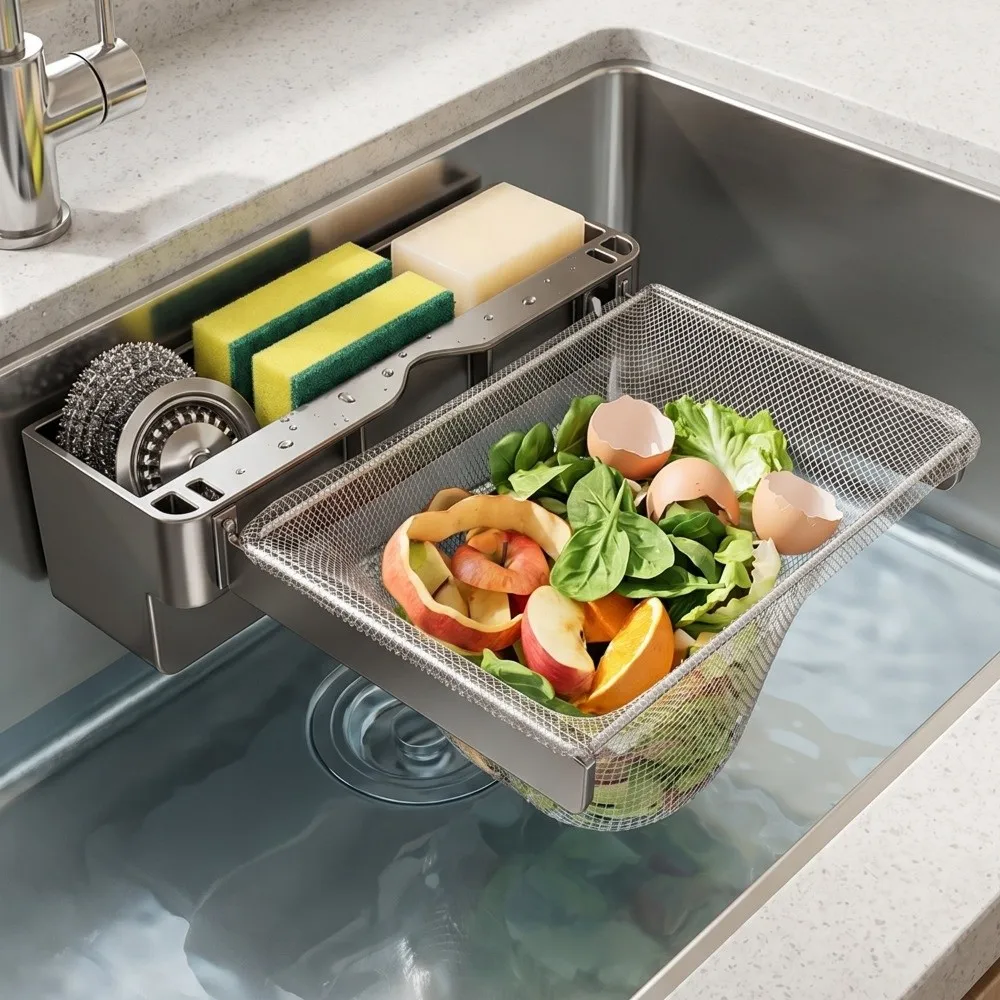 Steel Kitchen Sink Filter Rack Wall Mounted Space Saving Sink Food Strainer Folding with 50PCS Filter Mesh Bag Sink Drain Rack