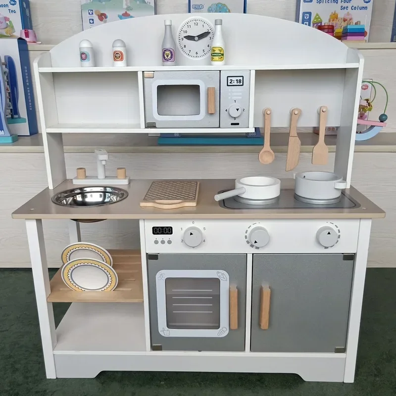 [Funny] Big size 72cm Wooden simulation Kitchen toy set microwave oven Japanese kitchen Play house toys for girl birthday gift