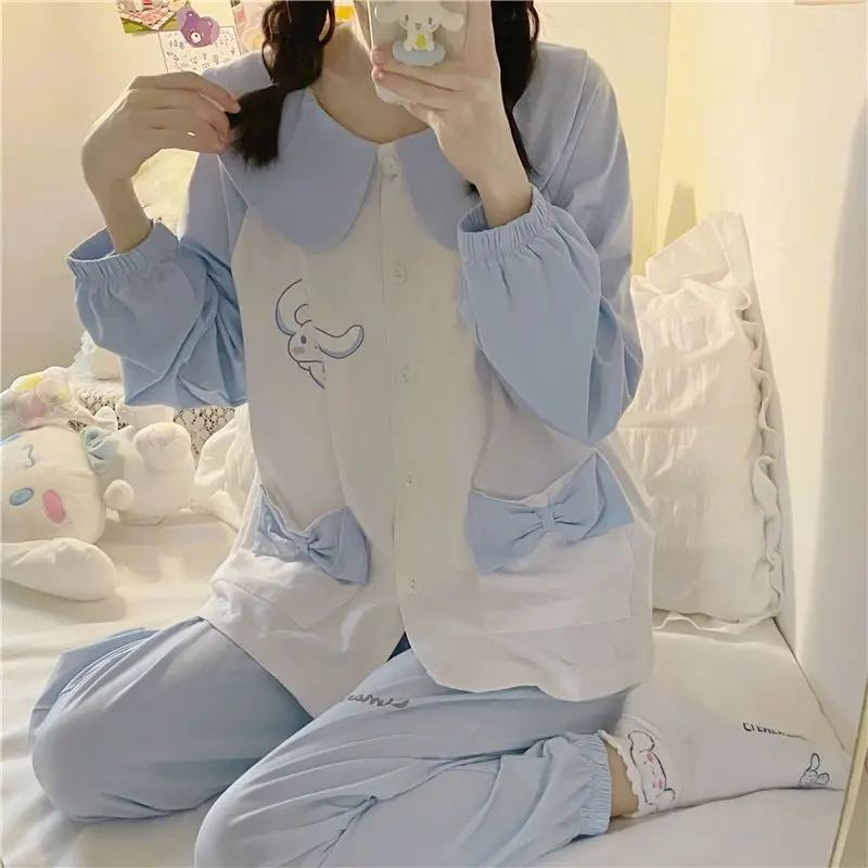 Sanrios Anime Cinnamoroll Pigiama Set Kawaii Ragazze Carino Cardigan giapponese Allentato Manica lunga Vestiti per la casa Primavera Autunno Indumenti da notte