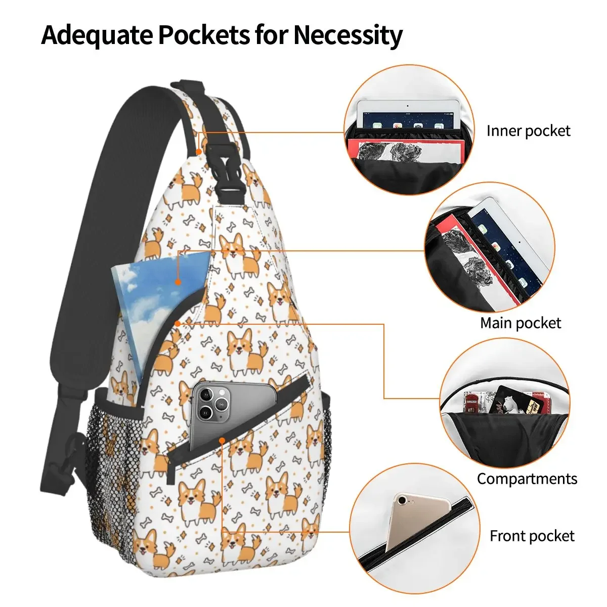 Kawaii Corgi Sling Bag Chest Crossbody Shoulder Sling Backpack Outdoor Hiking Daypacks Cute Animal Men Women Satchel