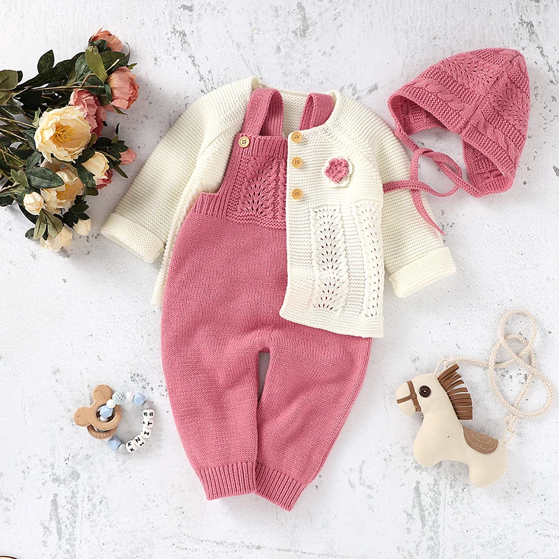 Newborn Baby Clothing Set Knitted Infant Girl Boy Jumpsuit Outfits Hat Solid Toddler Kid Long Sleeve Sweater Sleeveless Onesies