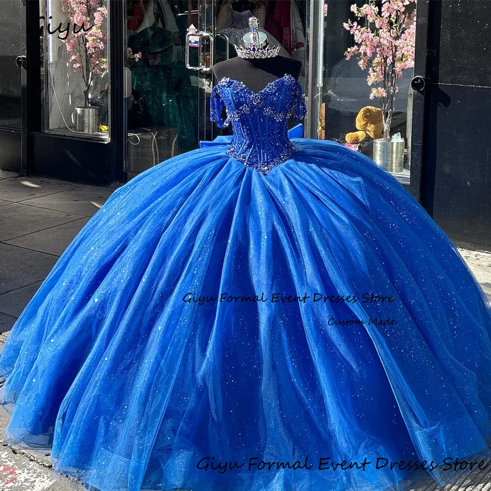 

Giyu Glitter Blue Quinceanera Dress Ball Gown Big Bow Draped Sweep Train Sweetheart Collar Formal Birthday Party Prom Ball Gown