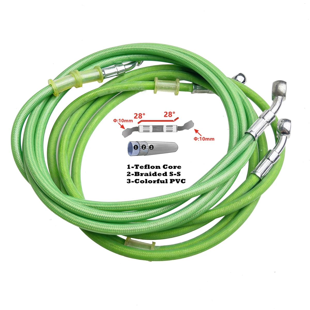 Green 1500 To 2200mm Hydraulic Brake Hose DOT oil Pipe Line Braided Cable 10mm Banjo Chromium plating For universal