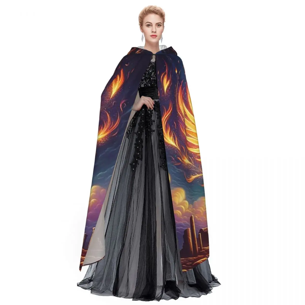 Phoenix Mythical Bird With Fiery Wings Long Hooded Cloak Witch Medieval Costume Cosplay