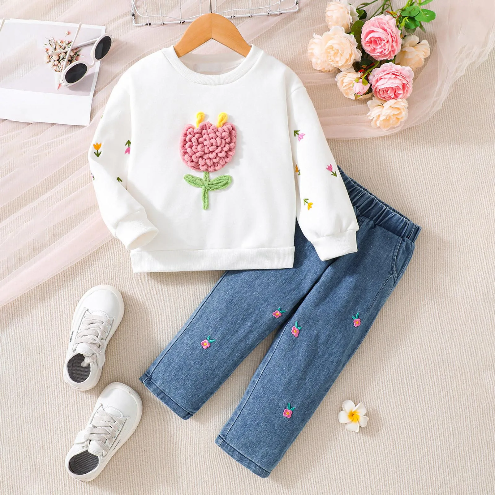 

Одежда для девочек-подростков Укороченные топы для девочек с круглым вырезом и мультяшным капюшоном Модный топ и джинсы Одежда из двух предметов для девочек Размер 16