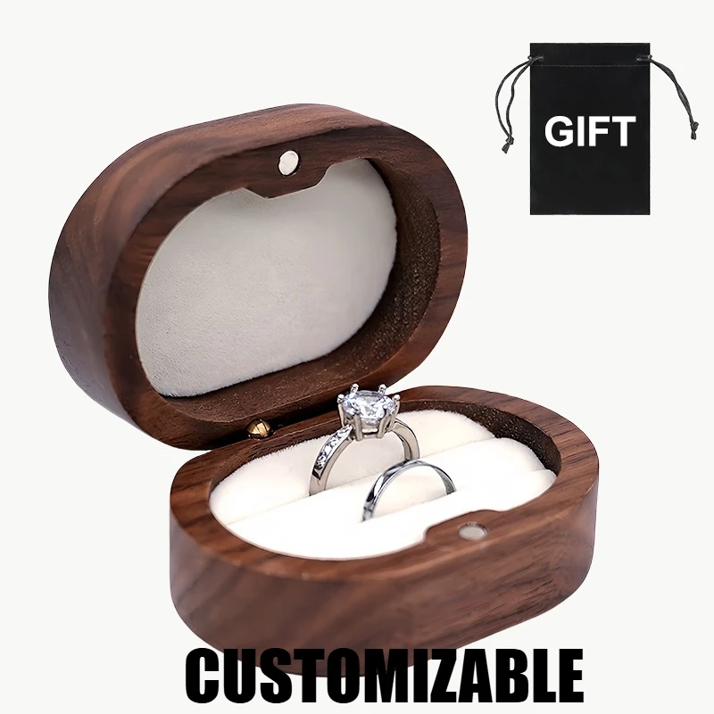 

Персонализированная гравировка, коробка для колец из орехового дерева, овальная коробка для колец с индивидуальным именем и текстом, футляр для ювелирных изделий для предложения, помолвки, свадебной церемонии