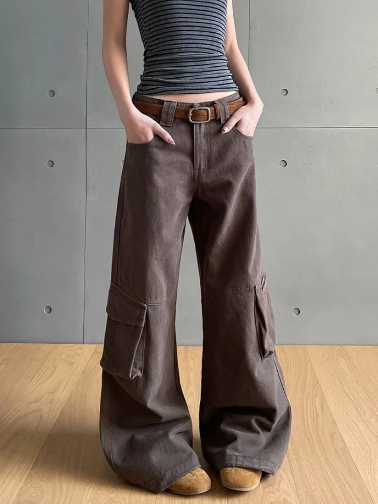 

Женские джинсы-карго 2026 Cyber Y2K Streetwear, винтажные, коричневые, свободные, прямые, повседневные, длинные брюки