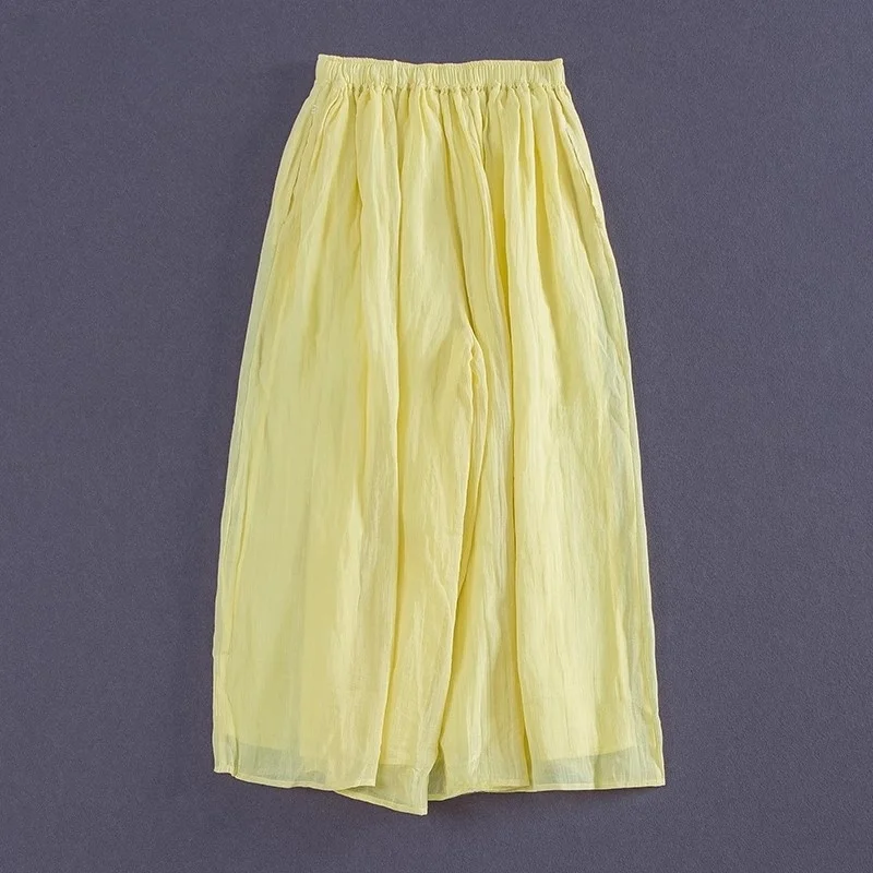 

Литературные летние свободные хлопковые брюки рами, женские тонкие желтые широкие брюки, эластичная юбка до щиколотки