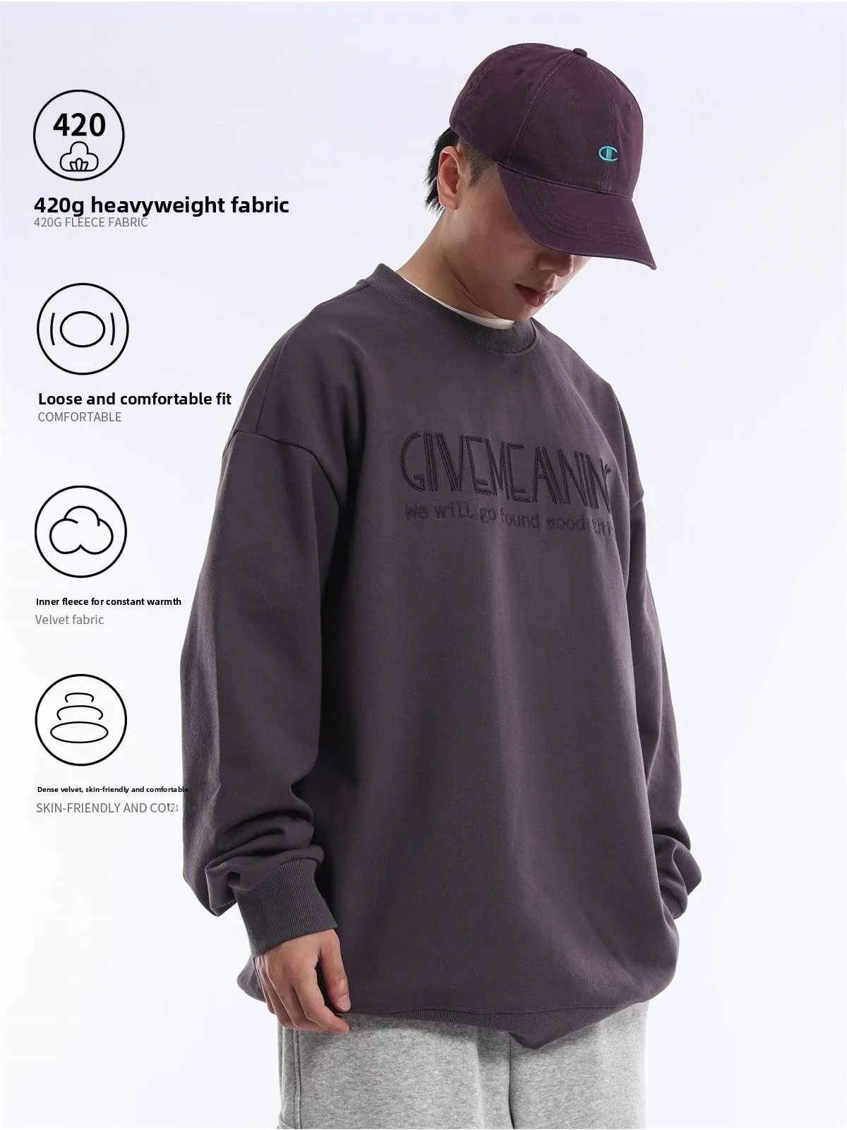 Warm Leather Feel 420G Embroidered Sweatshirt Loose Men's Outerwear Autumn Winter New Style Casual Comfortable Heat Generating