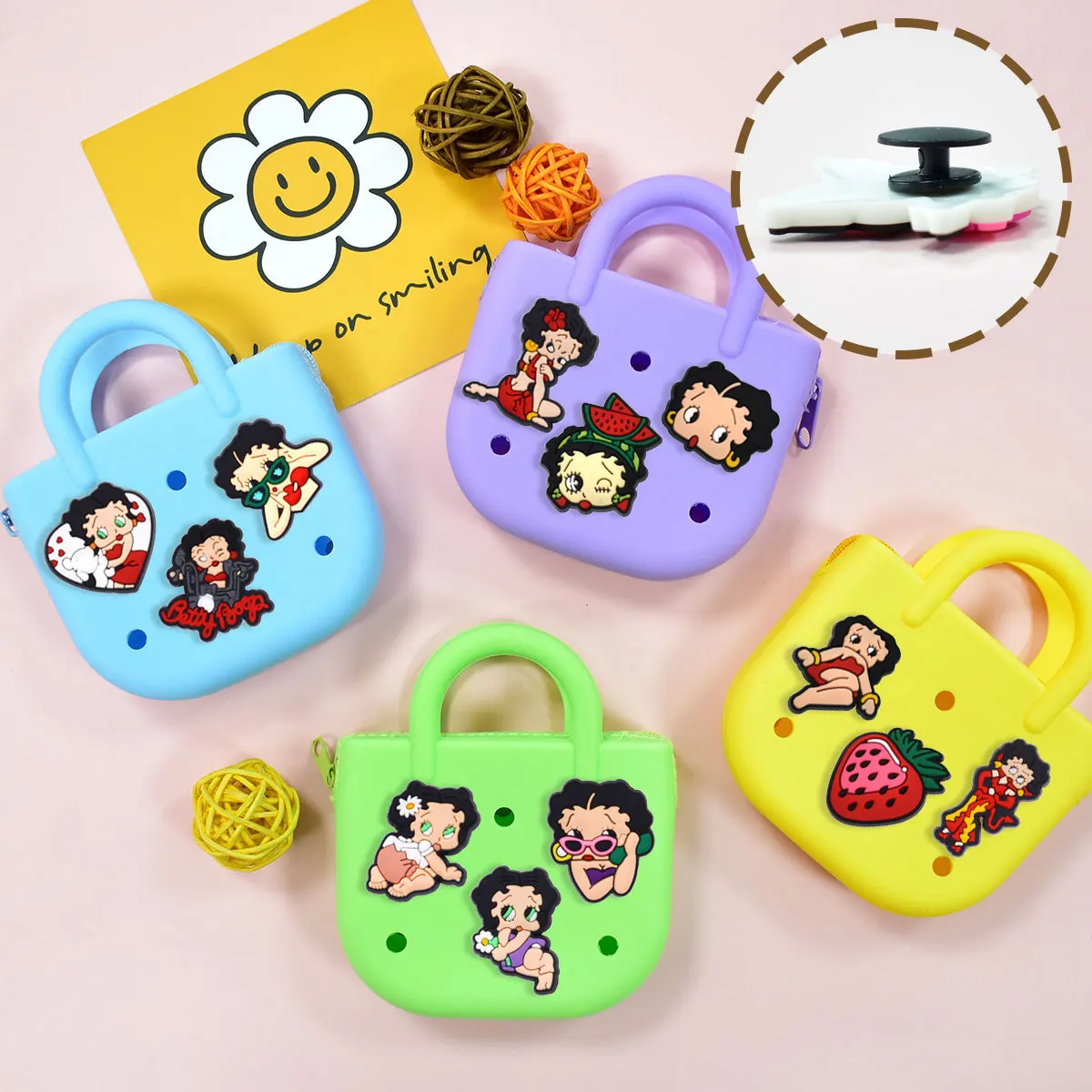 New Classic Vintage Female Cartoon Character Clog Shoe Charms Retro Style Lightweight Removable PVC Shoe Ornaments Pack