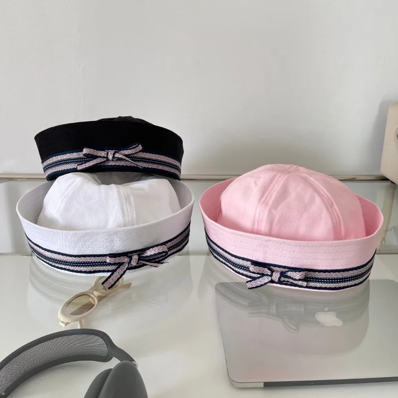 Japanese Retro Style Flip-brimmed Sailor Hats for Women Spring and Summer Travel Photo Versatile Fashion Bow Berets Caps