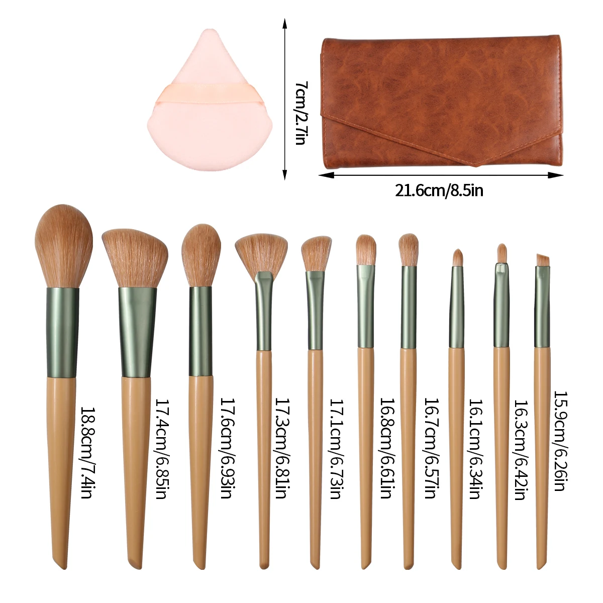 10 pçs conjunto de escova de maquiagem multifuncional & 2 pçs flocado triangular pó puff & 1 pçs elegante saco de armazenamento de escova de maquiagem do plutônio