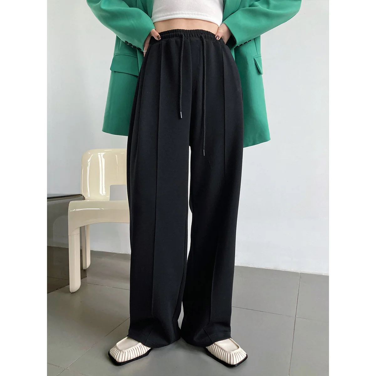 Solid Drawstring Sweat Pants Women\'s Loose Casual Elastic Waist Hanging Feeling Wide Leg Pants