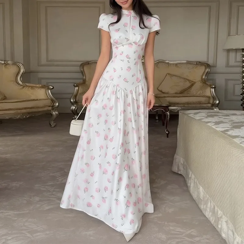 

New Summer Floral Printed Slim Long Dresses Fashion Stand Collar High Waist Buttons Dress Elegant Lady Short Sleeve Holiday Robe