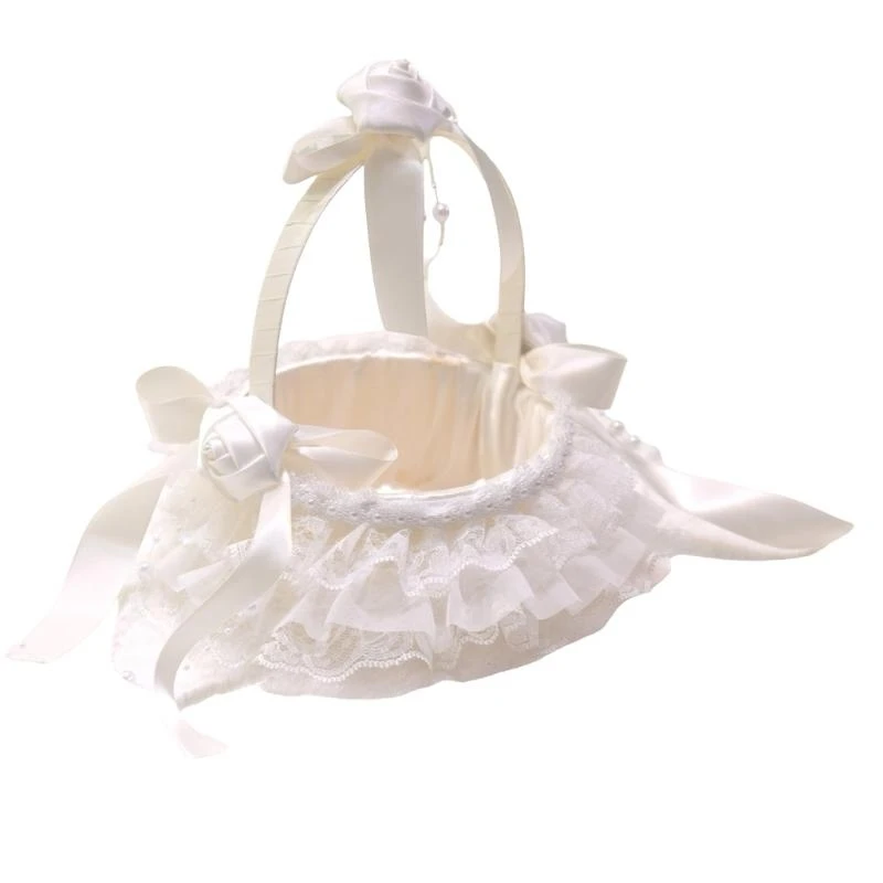 G92C Wedding Flower Girl Baskets with Flower Handle Lace Ruffle Bowknot Flower Basket