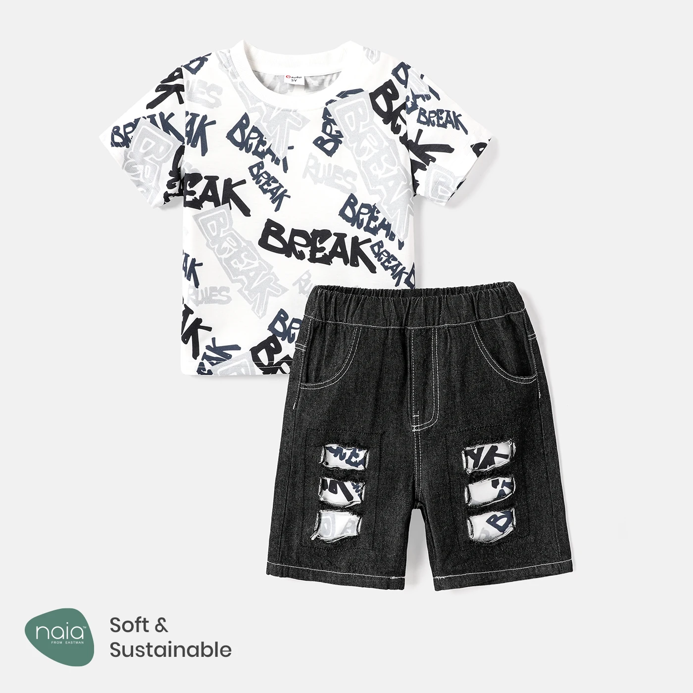 

PatPat 2pcs Toddler Boy Naia Letter Print Short-sleeve Tee and Patchwork Ripped Denim Shorts Set