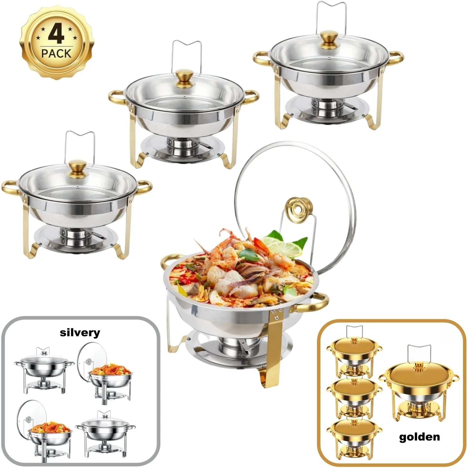4-pack circular stainless steel insulated pot, silver/gold, only for cooking