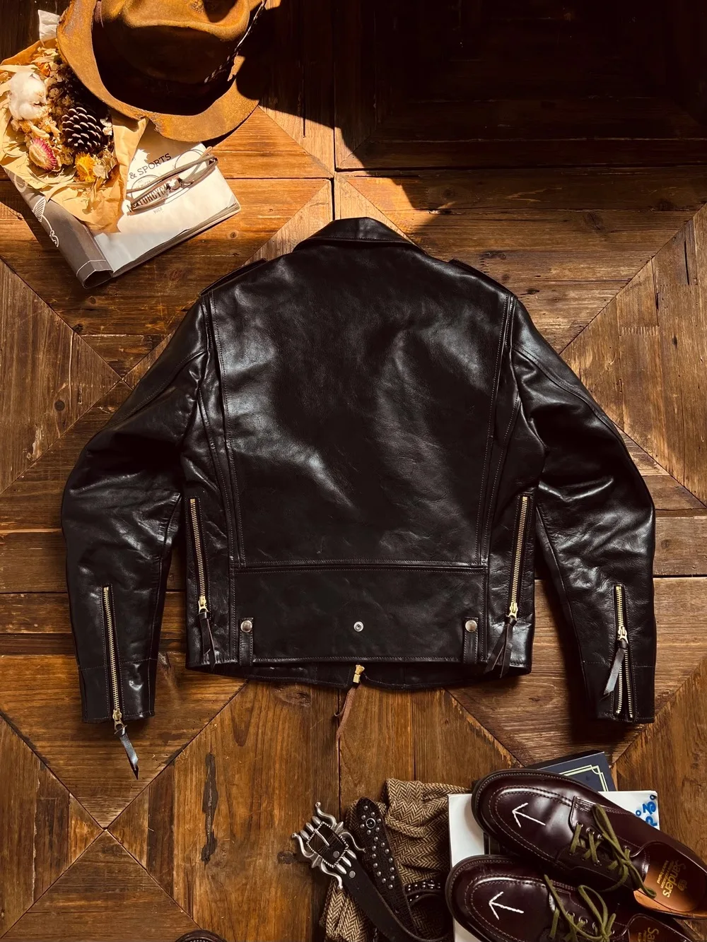 Classic Eco no-paint cowhide J24 lapel cable-stayed biker jacket short leather jacket BLACK