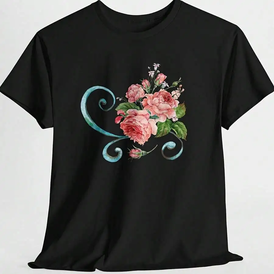 Vintage Retro Aesthetic Women Short Sleeve T‑Shirt Pink Cabbage Rose Floral Teal Graphic Tee Casual Summer Tops Gift