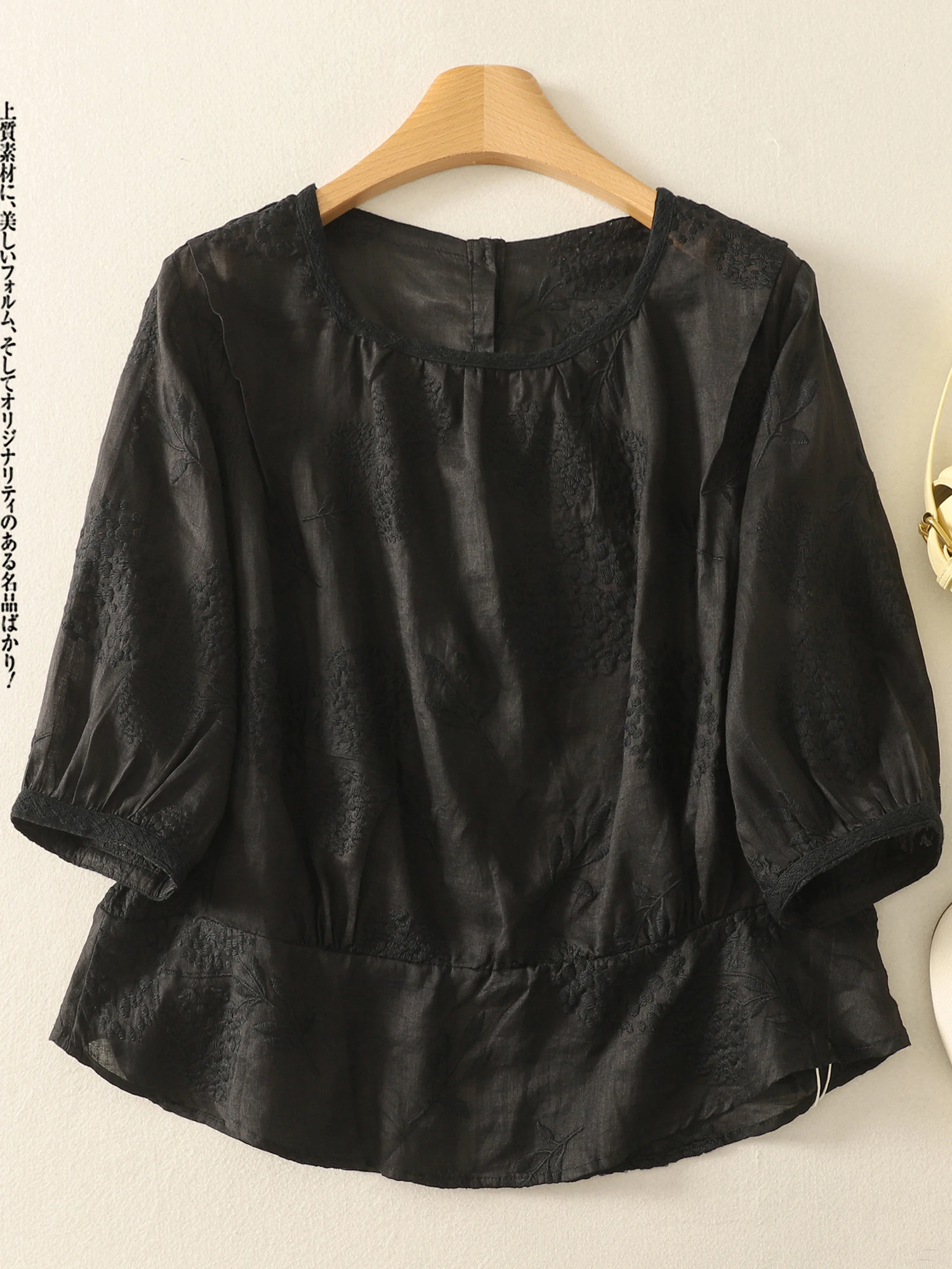 Atasan Kasual Wanita Musim Panas Bahan Katun Linen Bordir Berat Kerah Kotak Lima Lengan Panjang Bordir Tebal