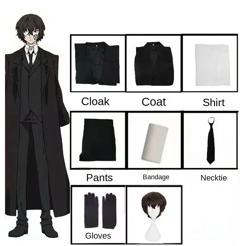 Disfraz de Osamu Dazai, Bungo Stray Dogs, gabardina para hombre y mujer, trajes de uniforme negro, accesorios de peluca Unisex
