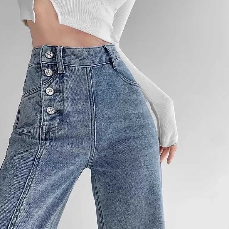 

Женские прямые брюки свободного кроя, драпированные широкие джинсовые брюки, джинсы с высокой талией